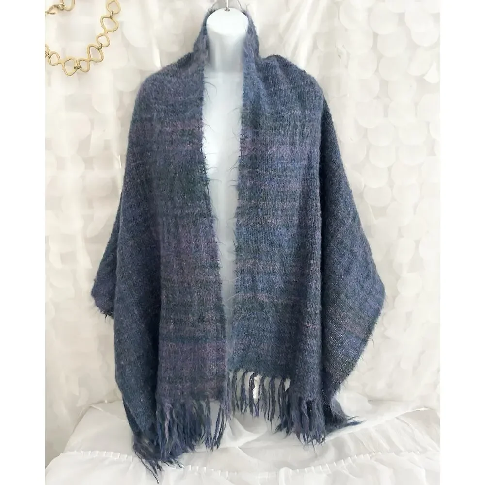 Vintage Wool & Mohair Pashmina Scarf Wrap Purple Blue Green Fringe Boho 25 X 68”